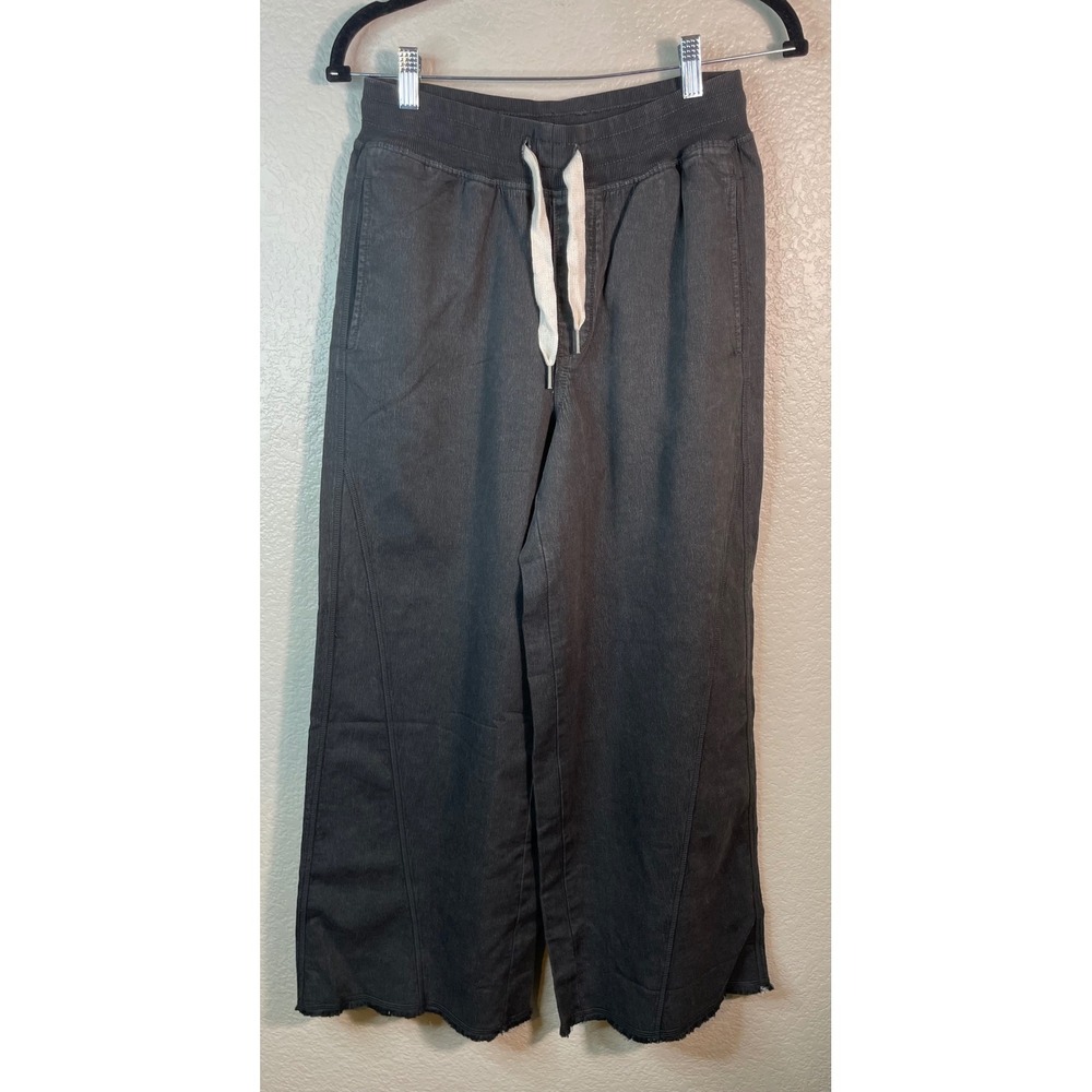 Aerie Womens S Wide Leg Pants Dark Gray Frayed Hem Drawstring Relaxed Casual